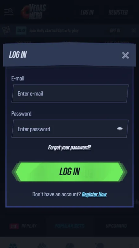 Vegas Hero login screen with email and password fields