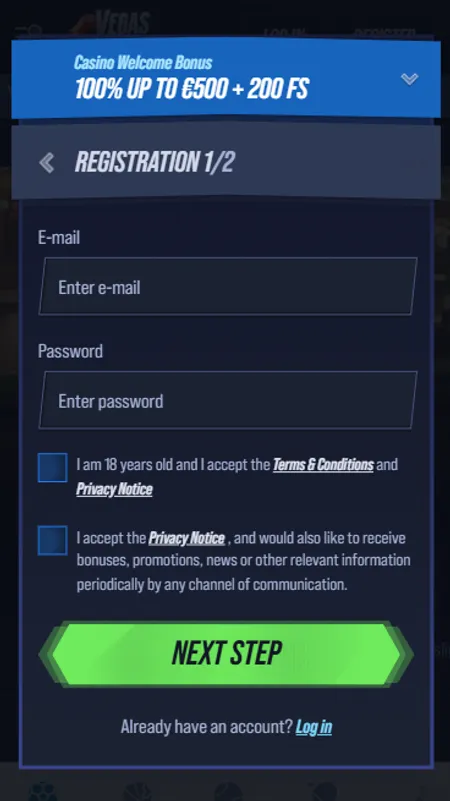 Vegas Hero registration form with email and password fields